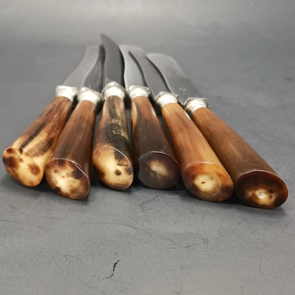 6 Vintage Dutch Antler/Horn Handle Sharp DINNER KNIVES EUC